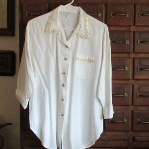 ALEXANDRA MICHAELS White Blouse Gold Trim Size 14